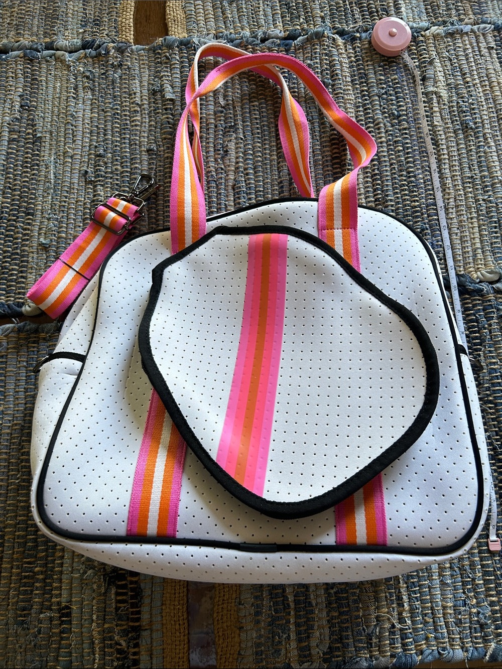 White Neoprene Pickle Ball Bag with Pink and Orange Stripes